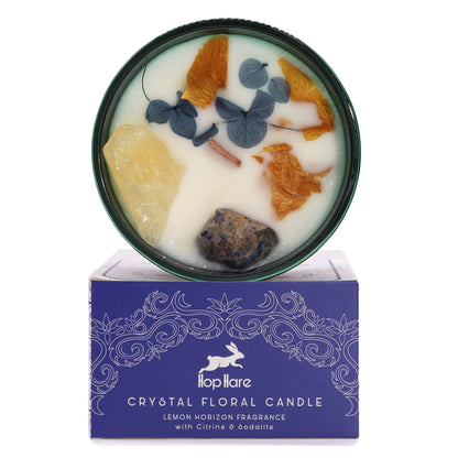 Alt-tag: Hope Hare Crystal Magic Flower Candle – The Sun med blommig design och dekorativa kristaller i Hope Hare-box