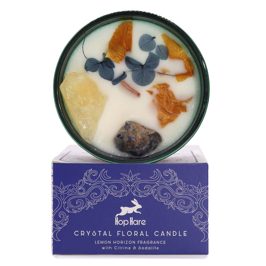 Alt Tag: Hope Hare Crystal Magic Flower Candle – The Sun con diseño floral y cristales decorativos en caja Hope Hare