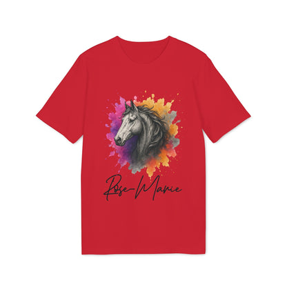 Horse Lover Personalized Her 100% Organic Cotton T-Shirt red tee with watercolor horse head graphic and Rose-Marie name personalization