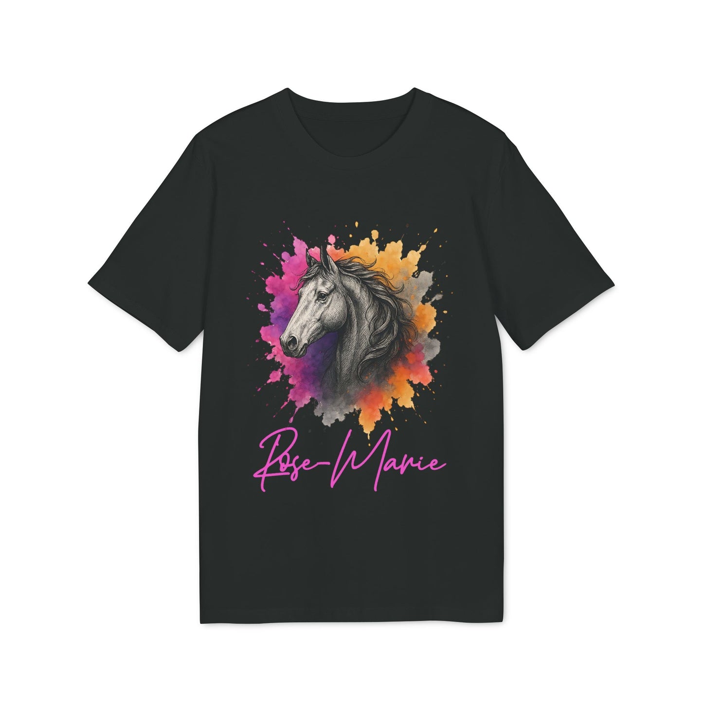 Alt Tag: Horse Lover Personalized Her 100% Organic Cotton T-Shirt black tee with colorful horse splash illustration and Rose-Marie name