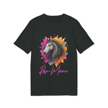 Alt Tag: Horse Lover Personalized Her 100% Organic Cotton T-Shirt black tee with colorful horse splash illustration and Rose-Marie name