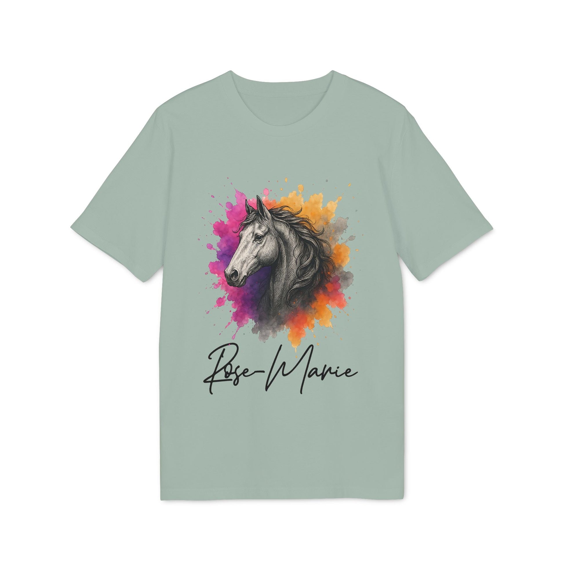 Alt Tag: Horse Lover Personalized Her 100% Organic Cotton T-Shirt with horse head watercolor splash and personalized name Rose-Marie