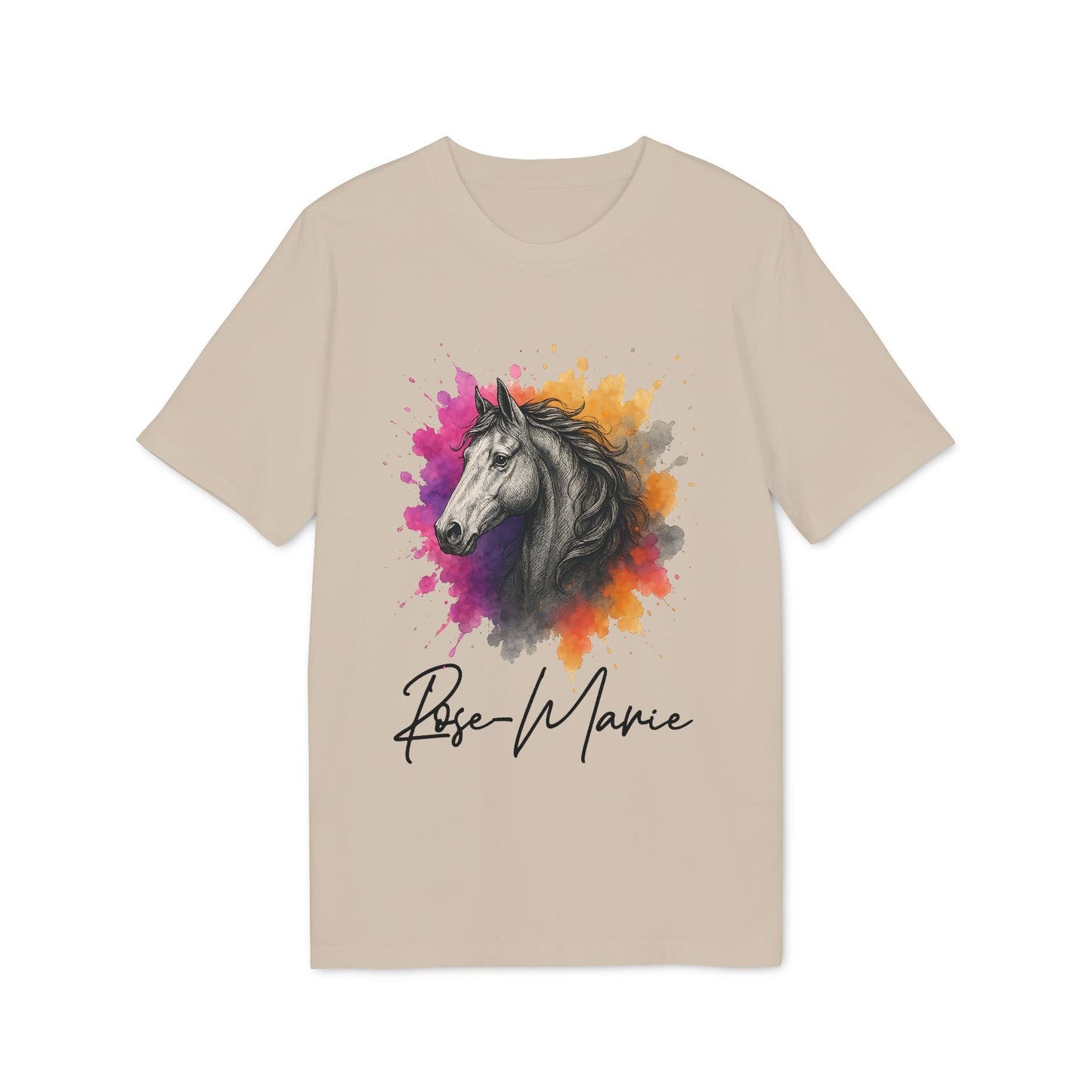 Horse Lover Personalized Her 100% Organic Cotton T-Shirt, beige women’s tee with watercolor horse illustration and custom name text