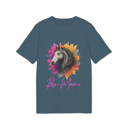 Horse Lover Personalized Her 100% Organic Cotton T-Shirt with colorful horse head watercolor graphic and custom name "Rose-Marie"