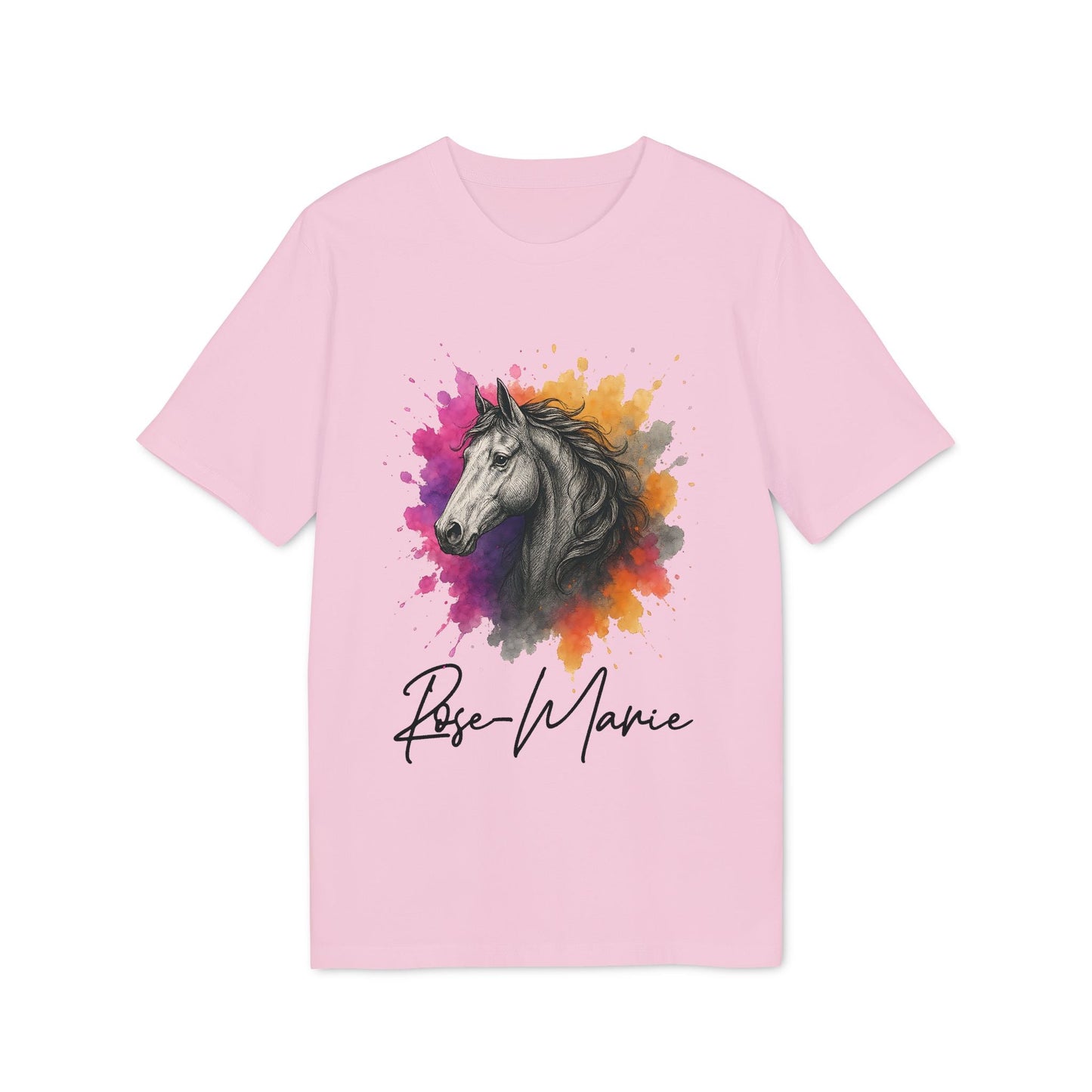 Alt Tag: Horse Lover Personalized Her 100% Organic Cotton T-Shirt rosa con ilustración de caballo en acuarela y nombre personalizado "Rose-Marie"