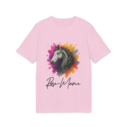 Alt Tag: Horse Lover Personalized Her 100% Organic Cotton T-Shirt rosa con ilustración de caballo en acuarela y nombre personalizado "Rose-Marie"