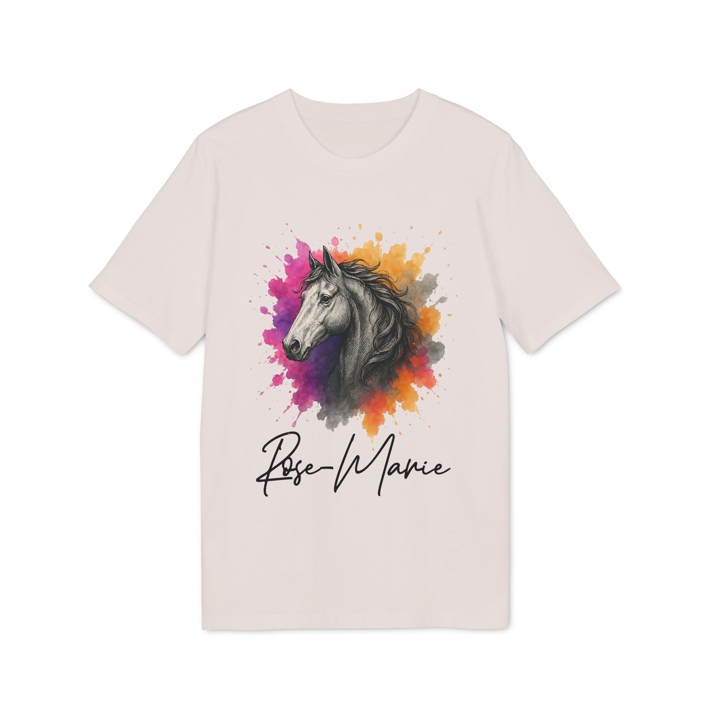 Alt Tag: Horse Lover Personalized Her 100% Organic Cotton T-Shirt with watercolor horse head graphic and custom name text