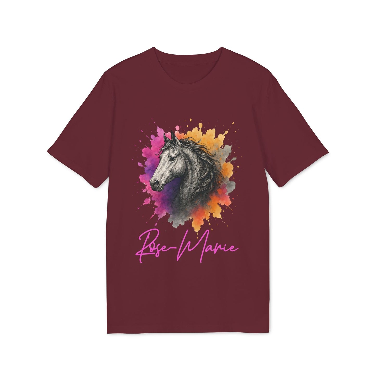 Horse Lover Personalized Her 100% Organic Cotton T-Shirt, camiseta granate de mujer con ilustración de caballo y nombre personalizado "Rose-Marie"