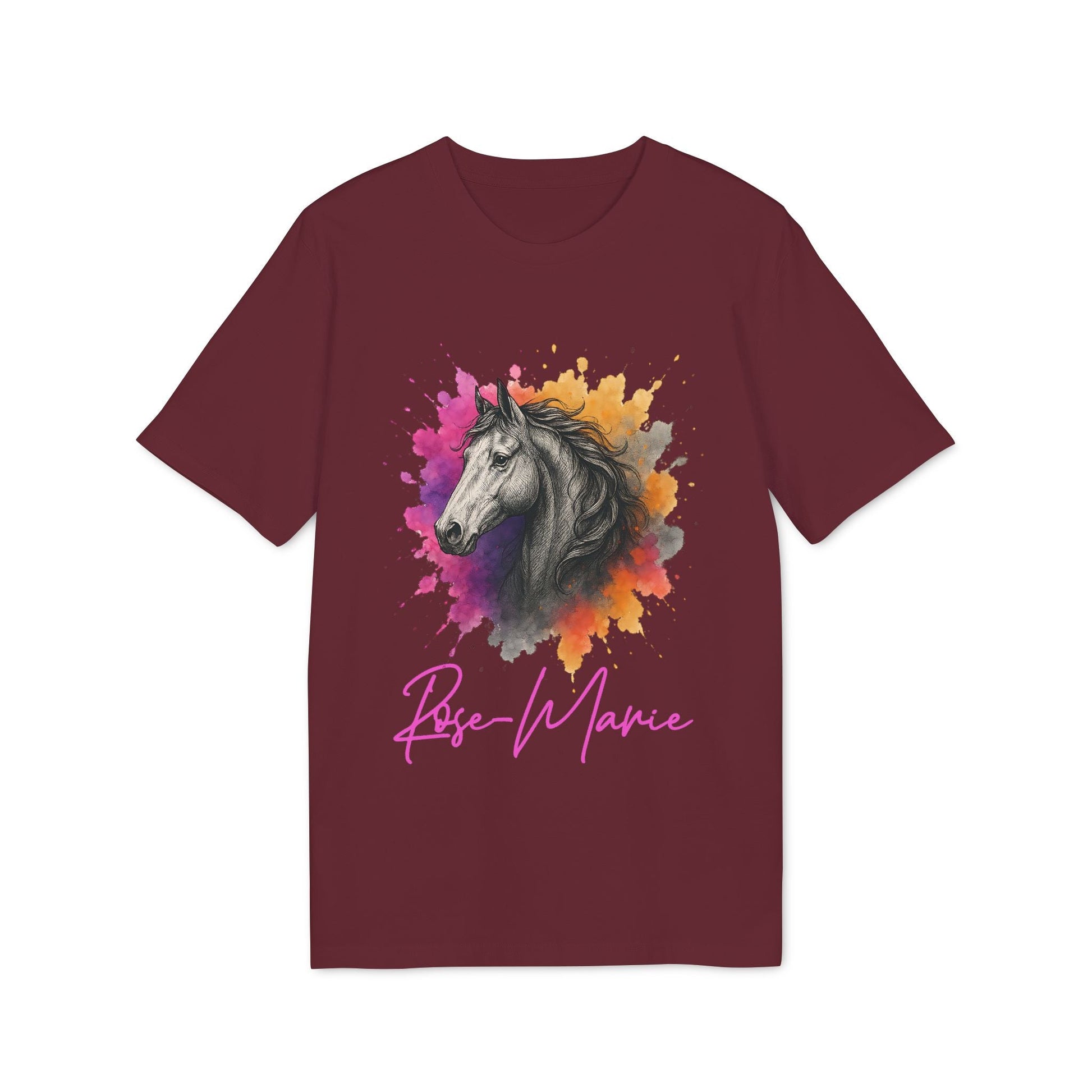 Horse Lover Personalized Her 100% Organic Cotton T-Shirt, camiseta granate de mujer con ilustración de caballo y nombre personalizado "Rose-Marie"
