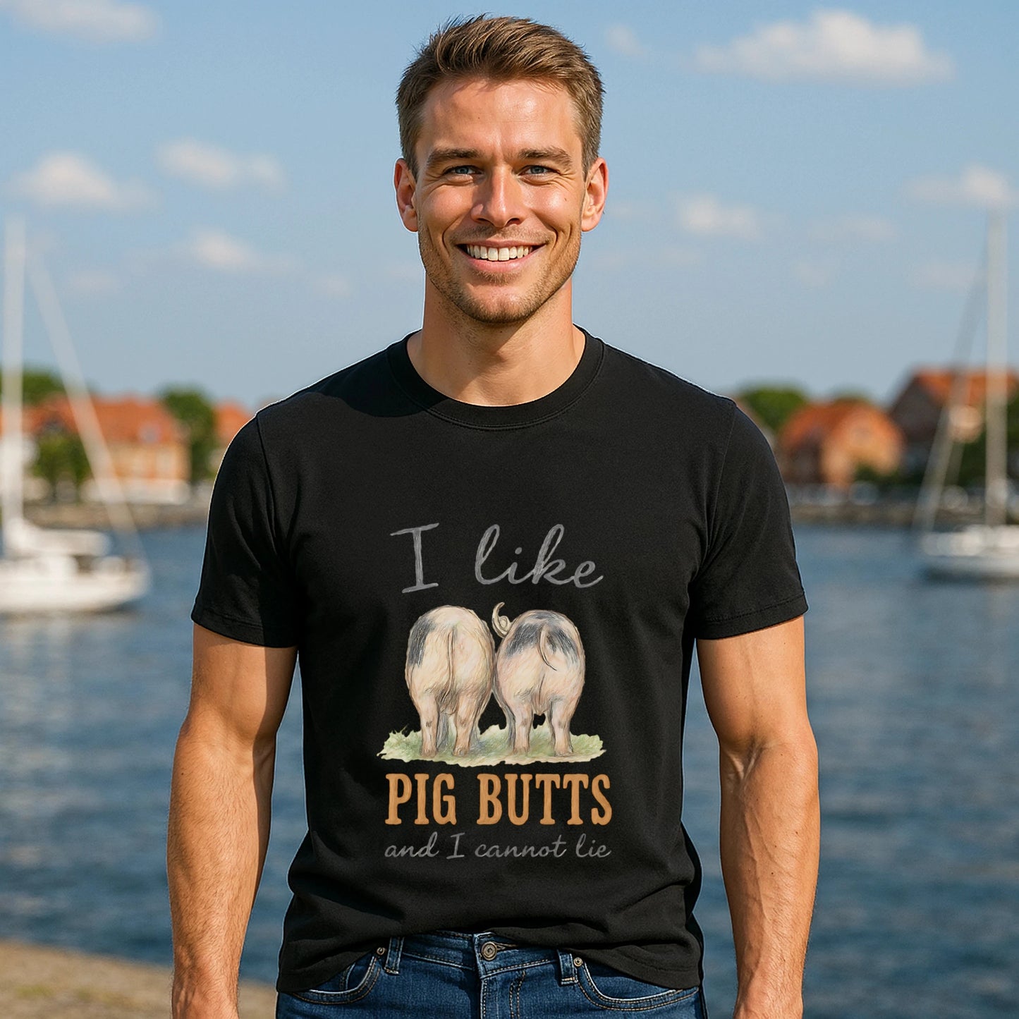 I Like Pig Butts Vintage Premium Unisex T-Shirt on model wearing black graphic tee with pig butts design outdoors by marina
