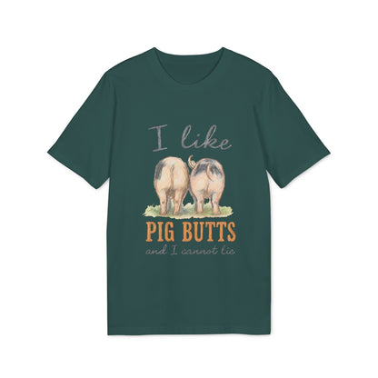 Alt Tag: I Like Pig Butts Vintage Premium Unisex T-Shirt green graphic tee with vintage pig butts illustration and funny farm humor text