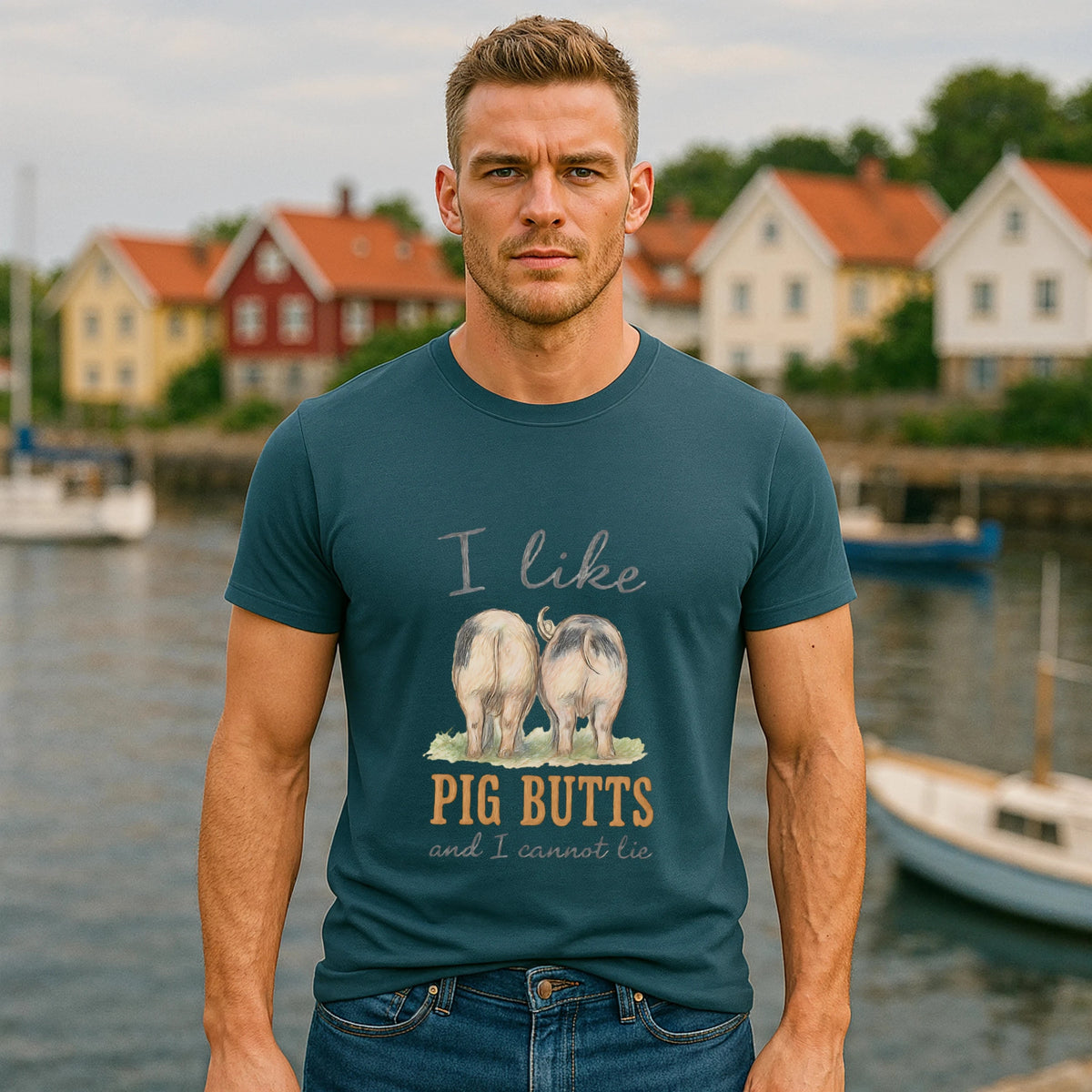 I Like Pig Butts Vintage Premium Unisex T-Shirt on model wearing teal graphic tee with pig illustration by waterfront