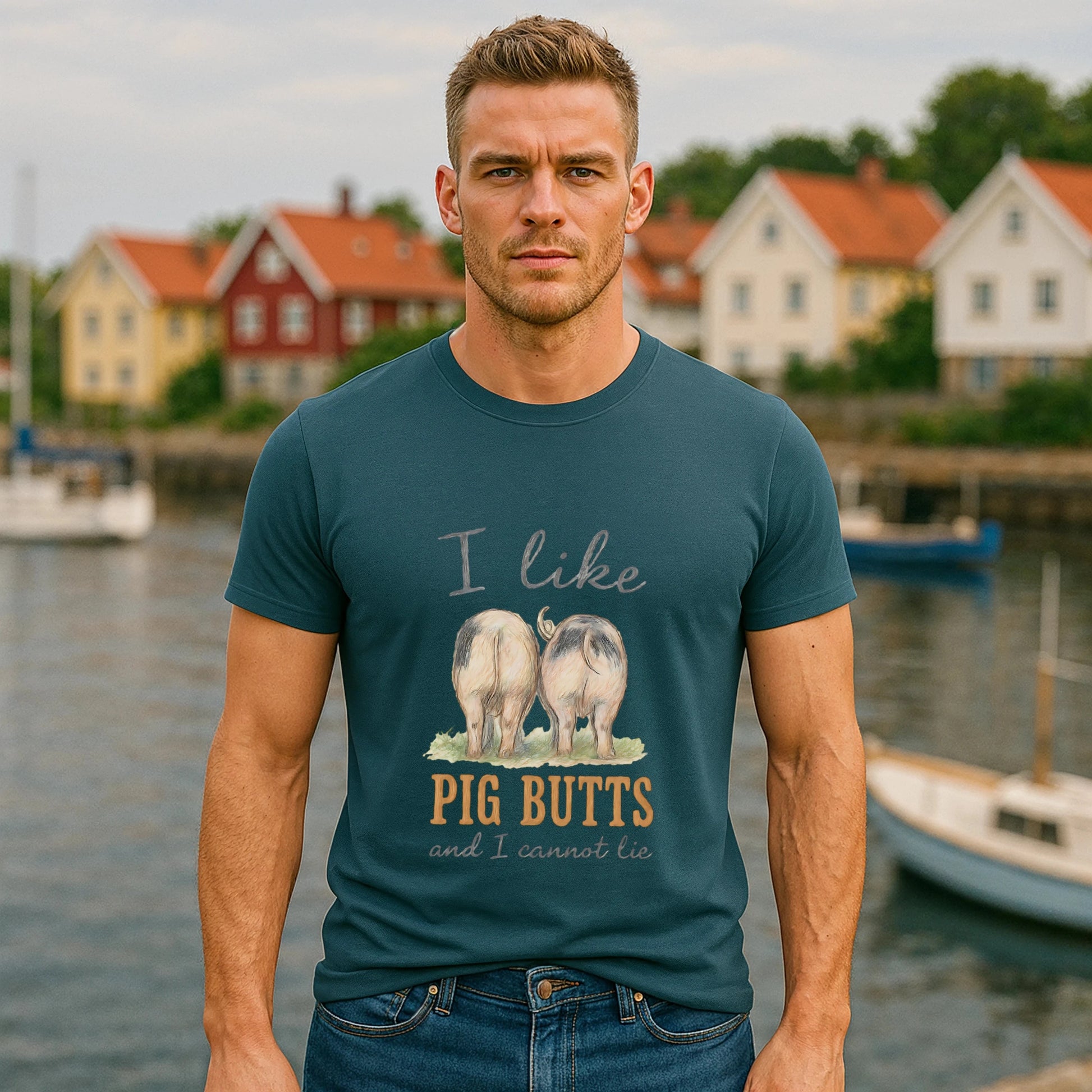 I Like Pig Butts Vintage Premium Unisex T-Shirt on model wearing teal graphic tee with pig illustration by waterfront
