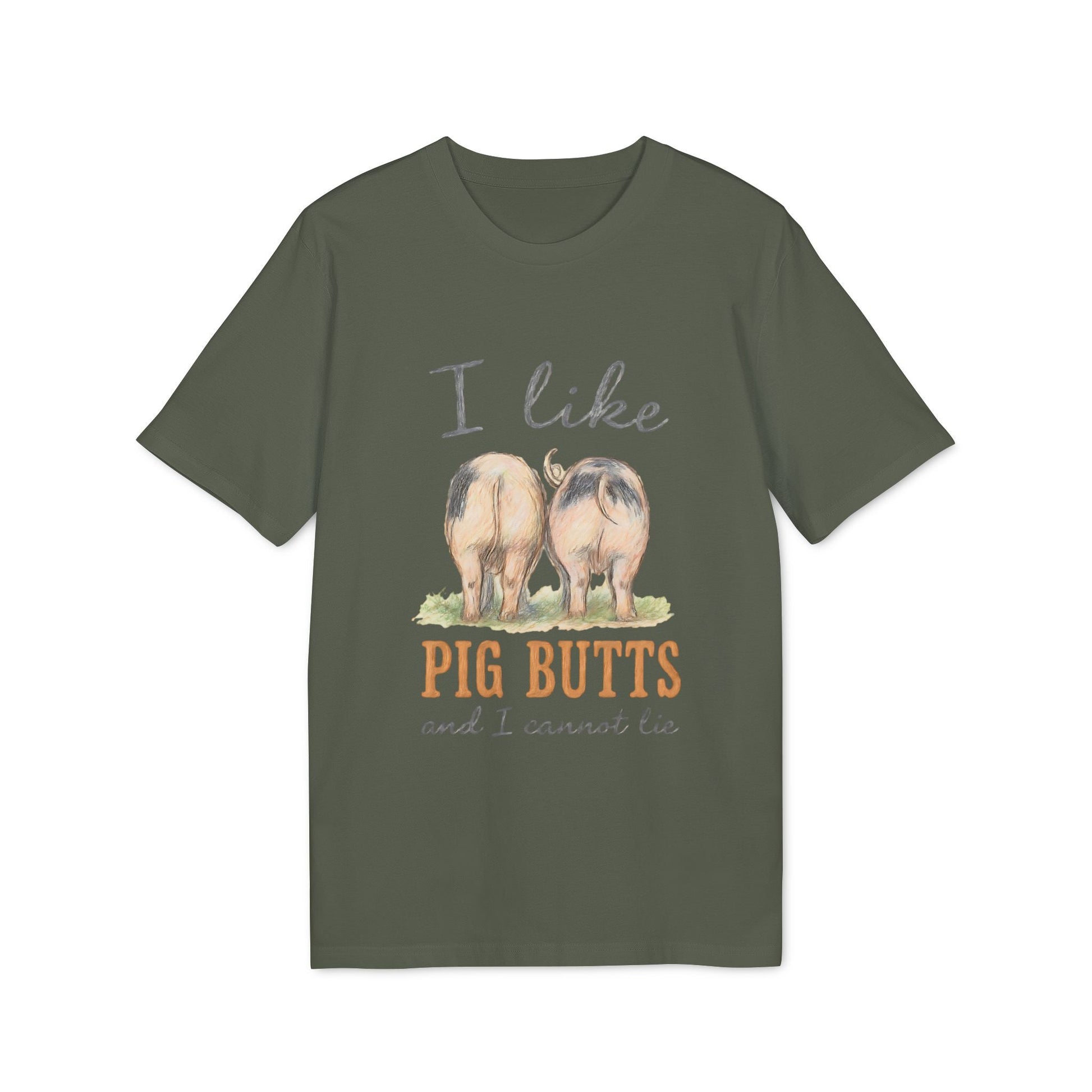 Alt Tag: I Like Pig Butts Vintage Premium Unisex T-Shirt in olive green with vintage pig butts graphic and humorous farmyard slogan