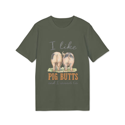 Alt Tag: I Like Pig Butts Vintage Premium Unisex T-Shirt in olive green with vintage pig butts graphic and humorous farmyard slogan