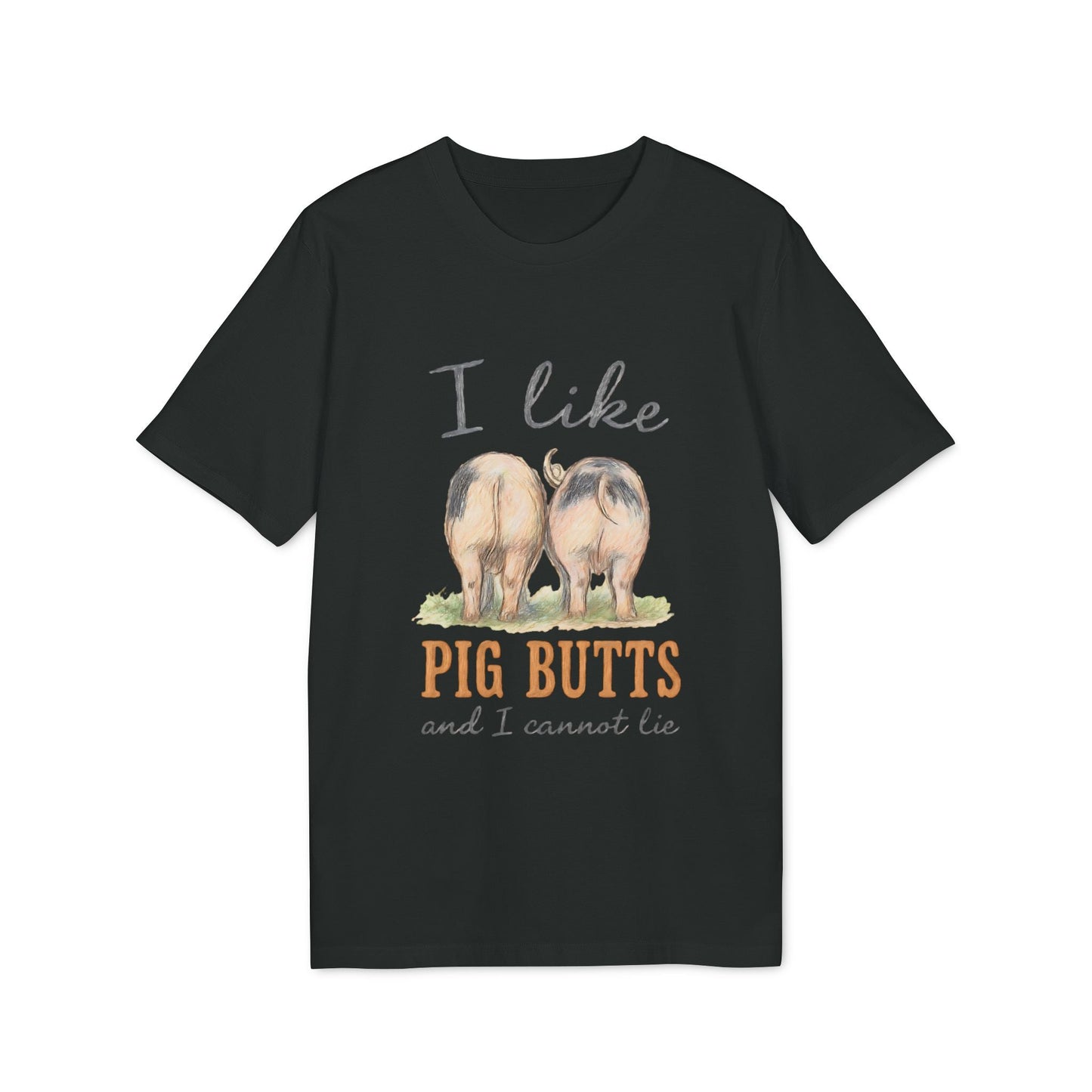 Alt Tag: I Like Pig Butts Vintage Premium Unisex T-Shirt black tee with vintage pig butt graphic and “I Like Pig Butts” text