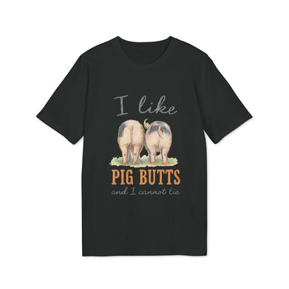 Alt Tag: I Like Pig Butts Vintage Premium Unisex T-Shirt black tee with vintage pig butt graphic and “I Like Pig Butts” text