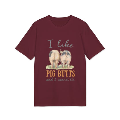 Alt Tag: I Like Pig Butts Vintage Premium Unisex T-Shirt maroon graphic tee with pig butts illustration and retro farm humor text