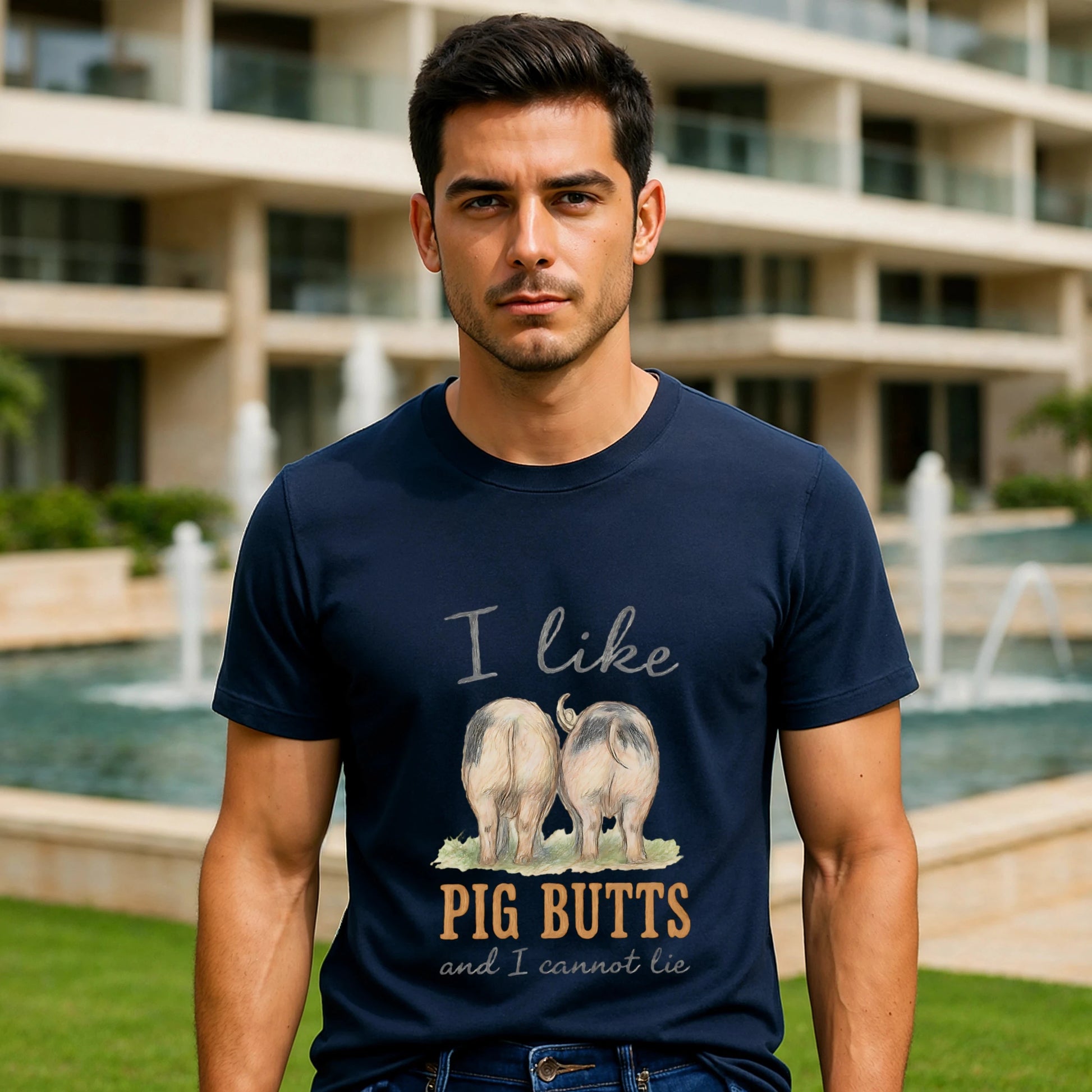 Alt Tag: Male model wearing I Like Pig Butts Vintage Premium Unisex T-Shirt navy graphic tee outdoors