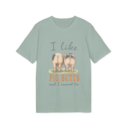 Alt Tag: I Like Pig Butts Vintage Premium Unisex T-Shirt con gráfico vintage de dos cerdos y texto “I like pig butts” en camiseta verde salvia