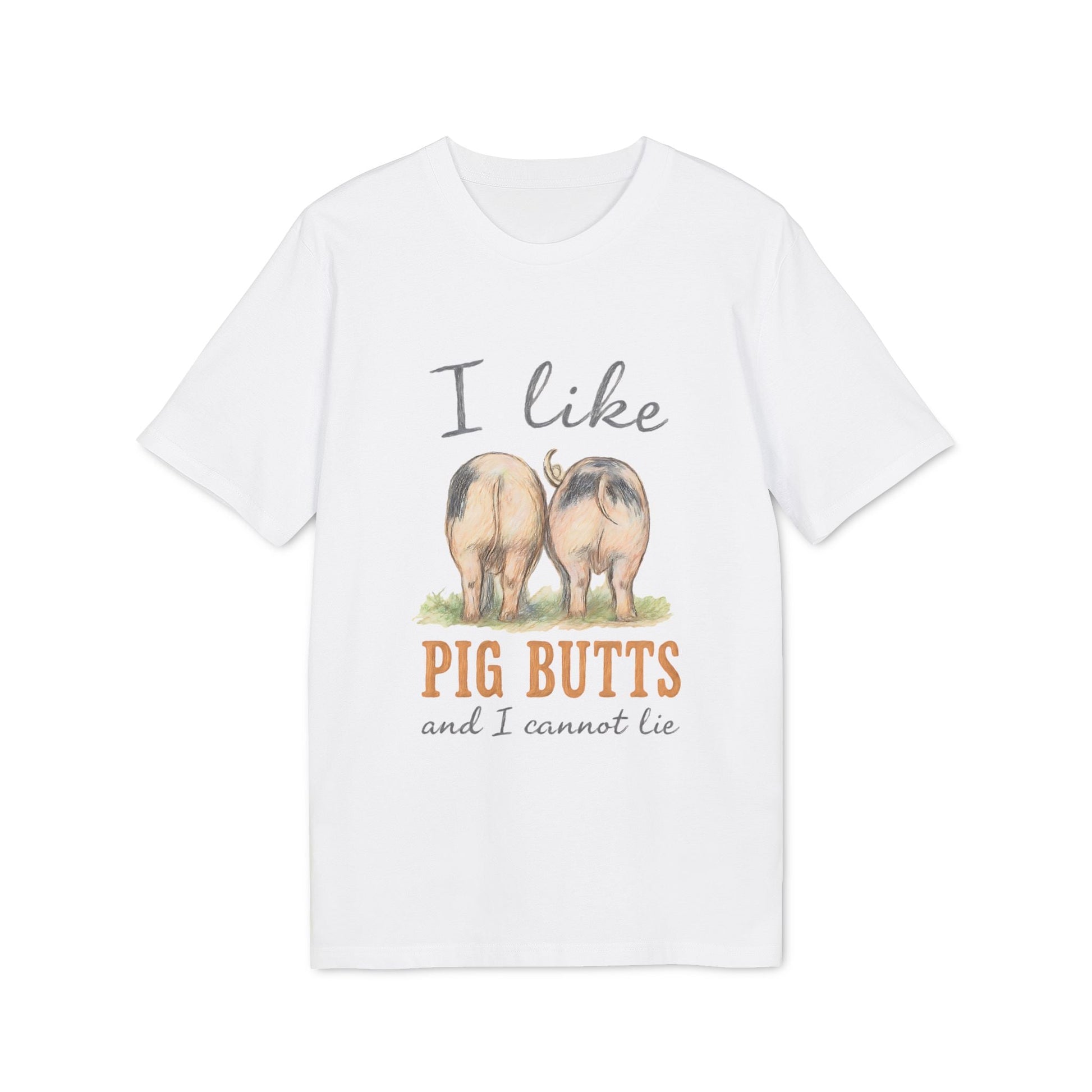 Alt Tag: I Like Pig Butts Vintage Premium Unisex T-Shirt white graphic tee with pig butts illustration and “I like PIG BUTTS” text