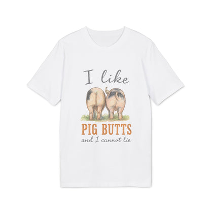 Alt Tag: I Like Pig Butts Vintage Premium Unisex T-Shirt white graphic tee with pig butts illustration and “I like PIG BUTTS” text
