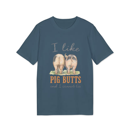 Alt Tag: I Like Pig Butts Vintage Premium Unisex T-Shirt azul con gráfico vintage de dos cerdos de espaldas y texto “Pig Butts”