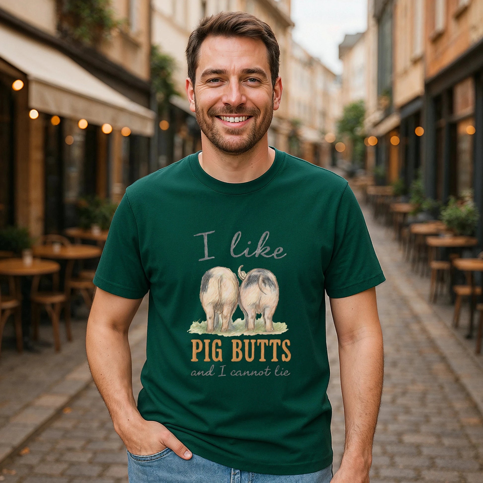 Alt Tag: Model wearing I Like Pig Butts Vintage Premium Unisex T-Shirt green vintage graphic tee outdoors on city street