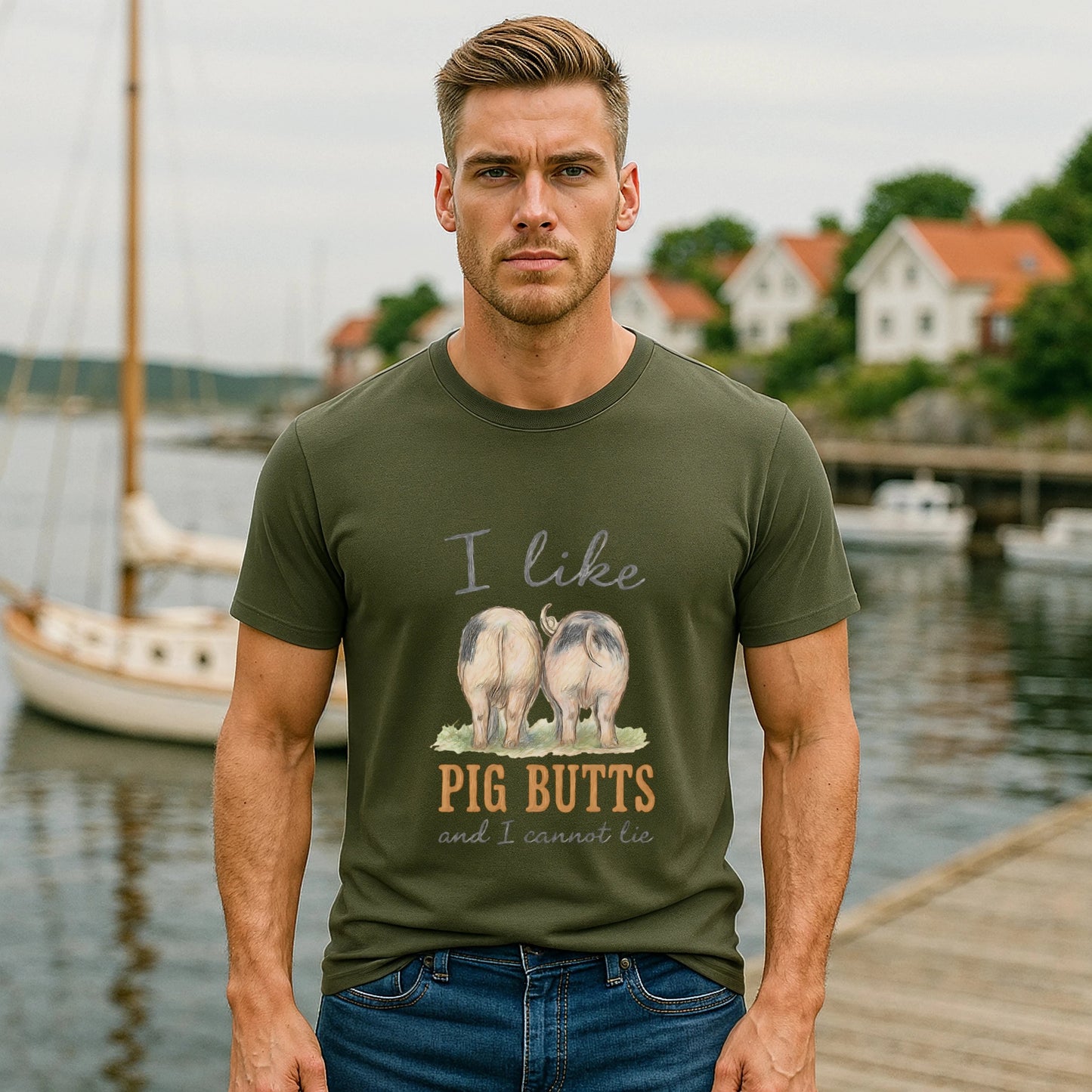 Alt Tag: Model wearing I Like Pig Butts Vintage Premium Unisex T-Shirt in olive green with pig graphic, outdoors by marina