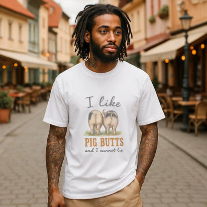 Alt Tag: I Like Pig Butts Vintage Premium Unisex T-Shirt on model, white tee with pig graphic and “I like pig butts” slogan