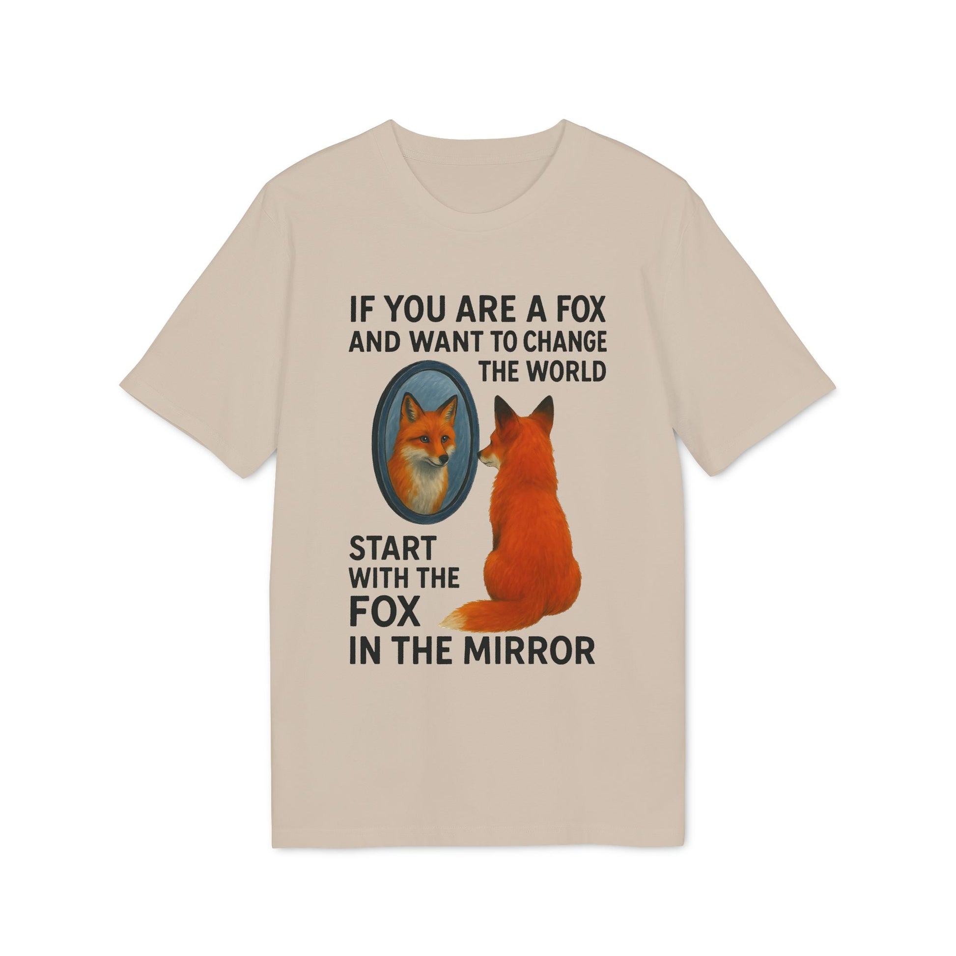 Man The Mirror Music And Spirituality Design Sustainable Unisex Tee beige tee with fox and mirror graphic, "fox in the mirror" text