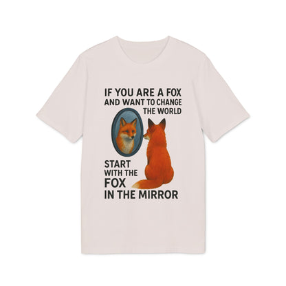 Alt Tag: Man The Mirror Music And Spirituality Design Sustainable Unisex Tee with fox mirror graphic and “Start with the fox in the mirror” text
