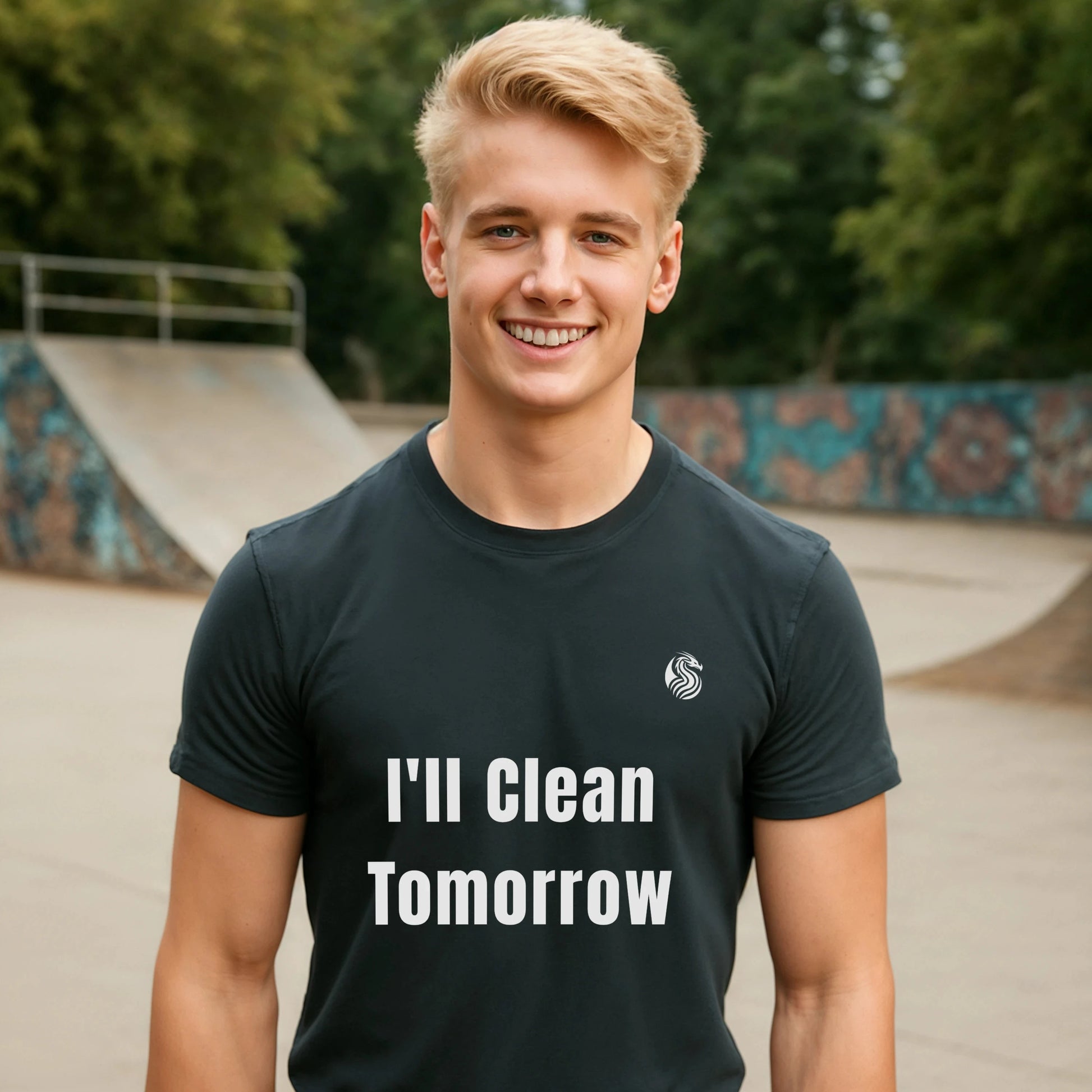I'll Clean Tomorrow Teen Premium Unisex T-Shirt black graphic tee with “I’ll Clean Tomorrow” text, casual streetwear at skatepark