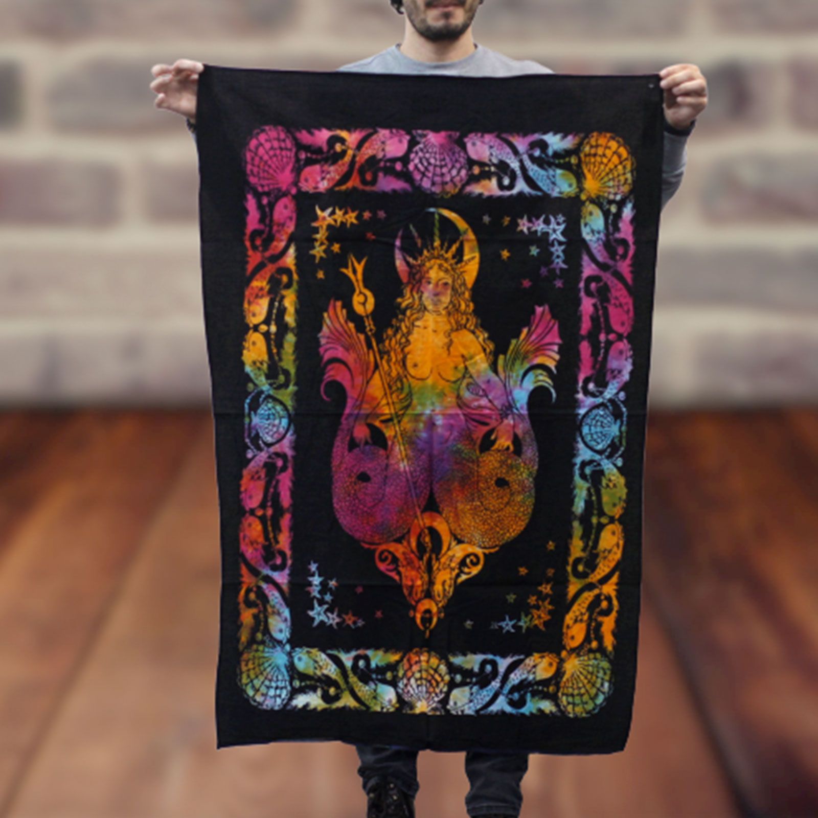 Alt Tag: Indian Cotton Mermaid Wall Hanging – 78x112 CM, colorful ocean-inspired mermaid print cotton wall tapestry with decorative border