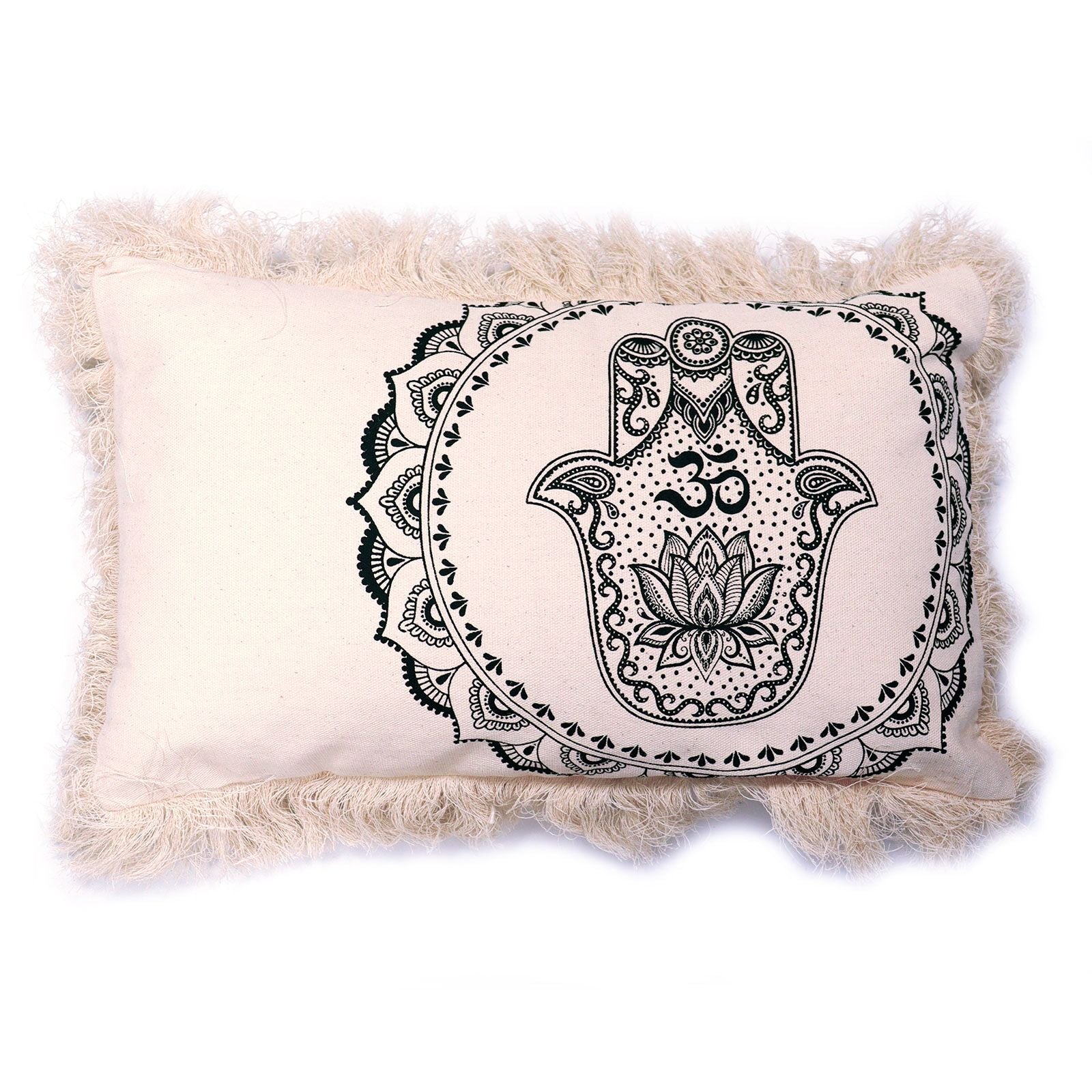 Alt Tag: Indonesian Cotton Hamsa Mandala Cushion Cover – 30x50 CM, beige cotton cover with black Hamsa mandala print and fringe trim
