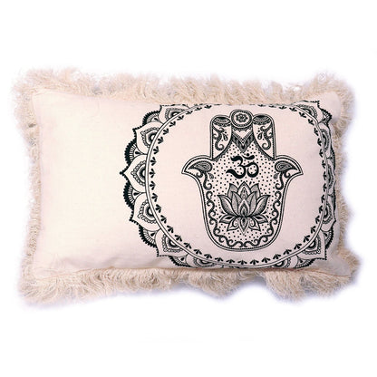 Alt Tag: Indonesian Cotton Hamsa Mandala Cushion Cover – 30x50 CM, beige cotton cover with black Hamsa mandala print and fringe trim