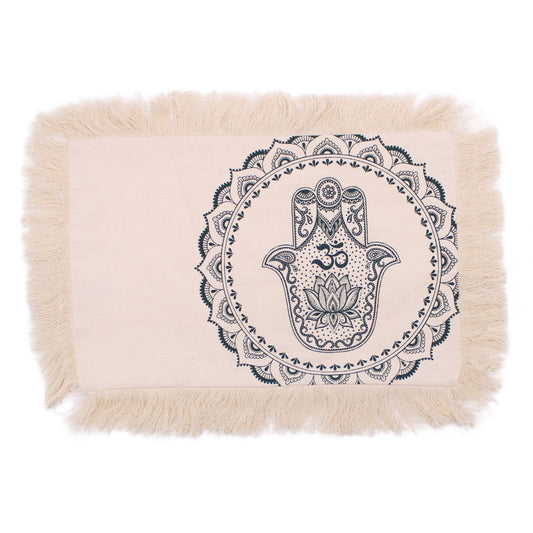 Indonesian Cotton Hamsa Mandala Cushion Cover – 30x50 CM, cream rectangular cover with fringe and blue Hamsa mandala print