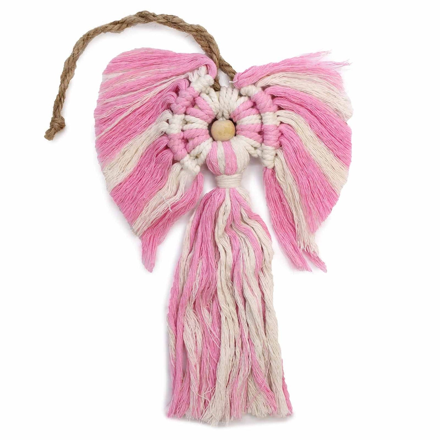 Ángel de Macramé de Algodón Indonesio – colgante de pared de ángel de macramé en algodón rosa y natural, tejido a mano de 22x14 CM, con lazo trenzado