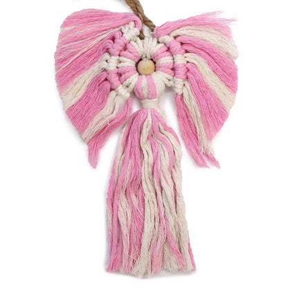 Ángel de macramé de algodón indonesio – colgante de pared de ángel de macramé de algodón rosa y crema, tejido a mano, 22x14 CM, con cuenta de madera