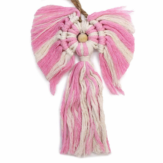 Ángel de macramé de algodón indonesio – colgante de pared de ángel de macramé de algodón rosa y crema, tejido a mano, 22x14 CM, con cuenta de madera