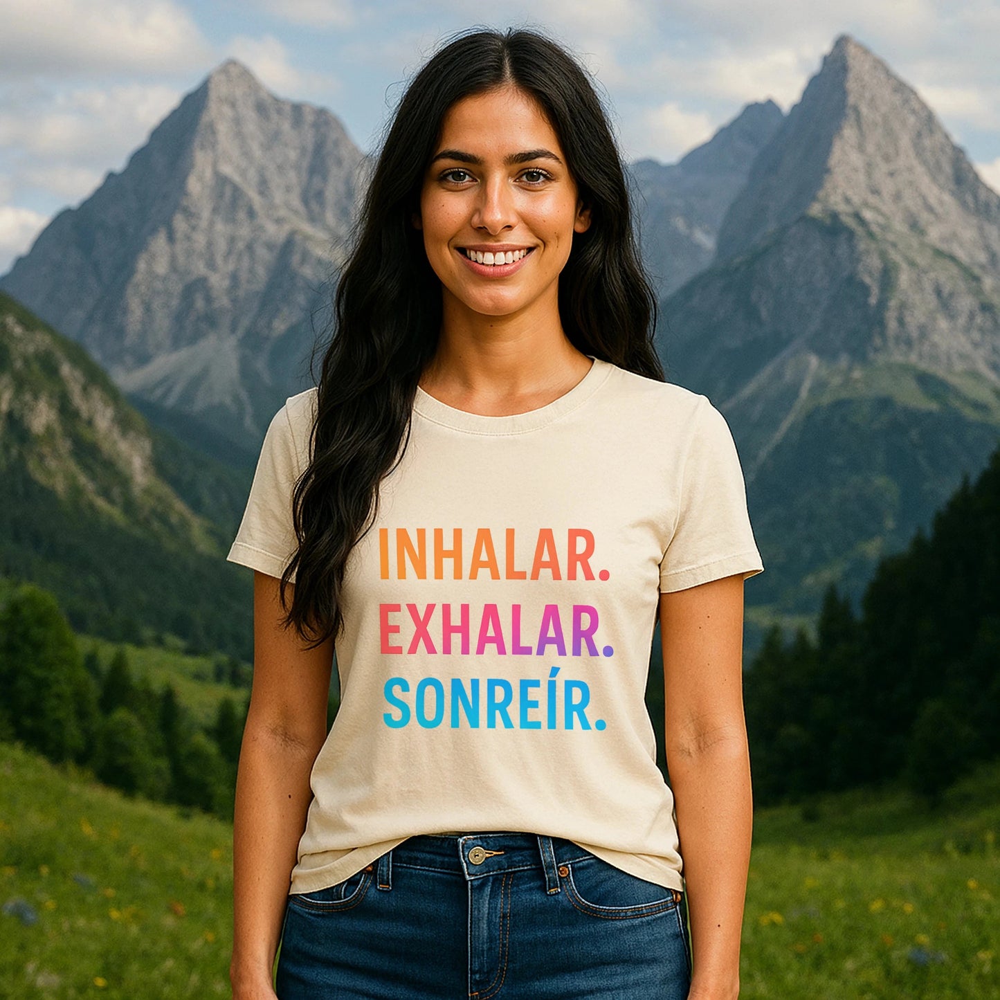 Alt Tag: Mujer con Inhalar Exhalar Sonreír Sostenible Vivir Lento 100% Organic Cotton T-Shirt, frase “INHALAR EXHALAR SONREÍR” en montaña