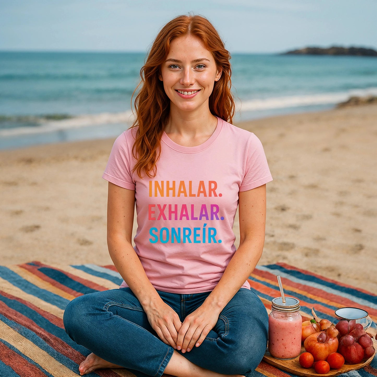 Inhalar Exhalar Sonreír Sostenible Vivir Lento 100% Organic Cotton T-Shirt camiseta rosa con texto Inhalar Exhalar Sonreír en la playa