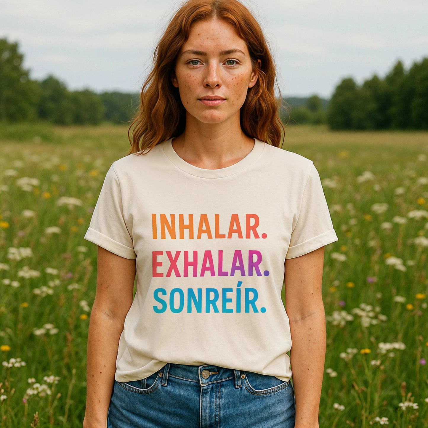 Alt Tag: Inhalar Exhalar Sonreír Sostenible Vivir Lento 100% Organic Cotton T-Shirt con texto Inhalar Exhalar Sonreír en camiseta crema