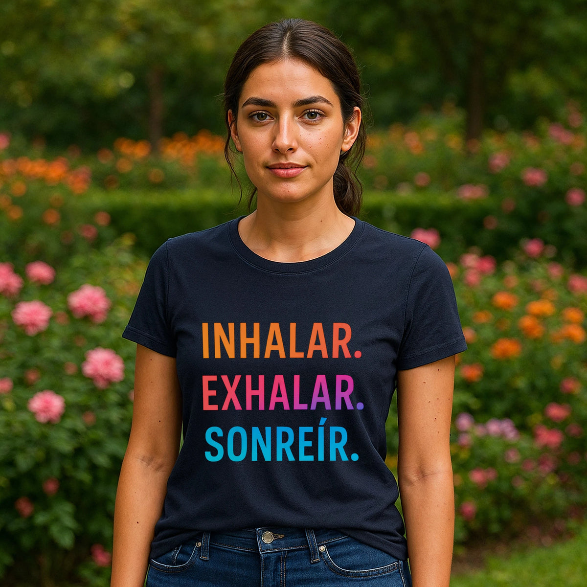 Alt Tag: Modelo con camiseta Inhalar Exhalar Sonreír Sostenible Vivir Lento 100% Organic Cotton T-Shirt con texto 
