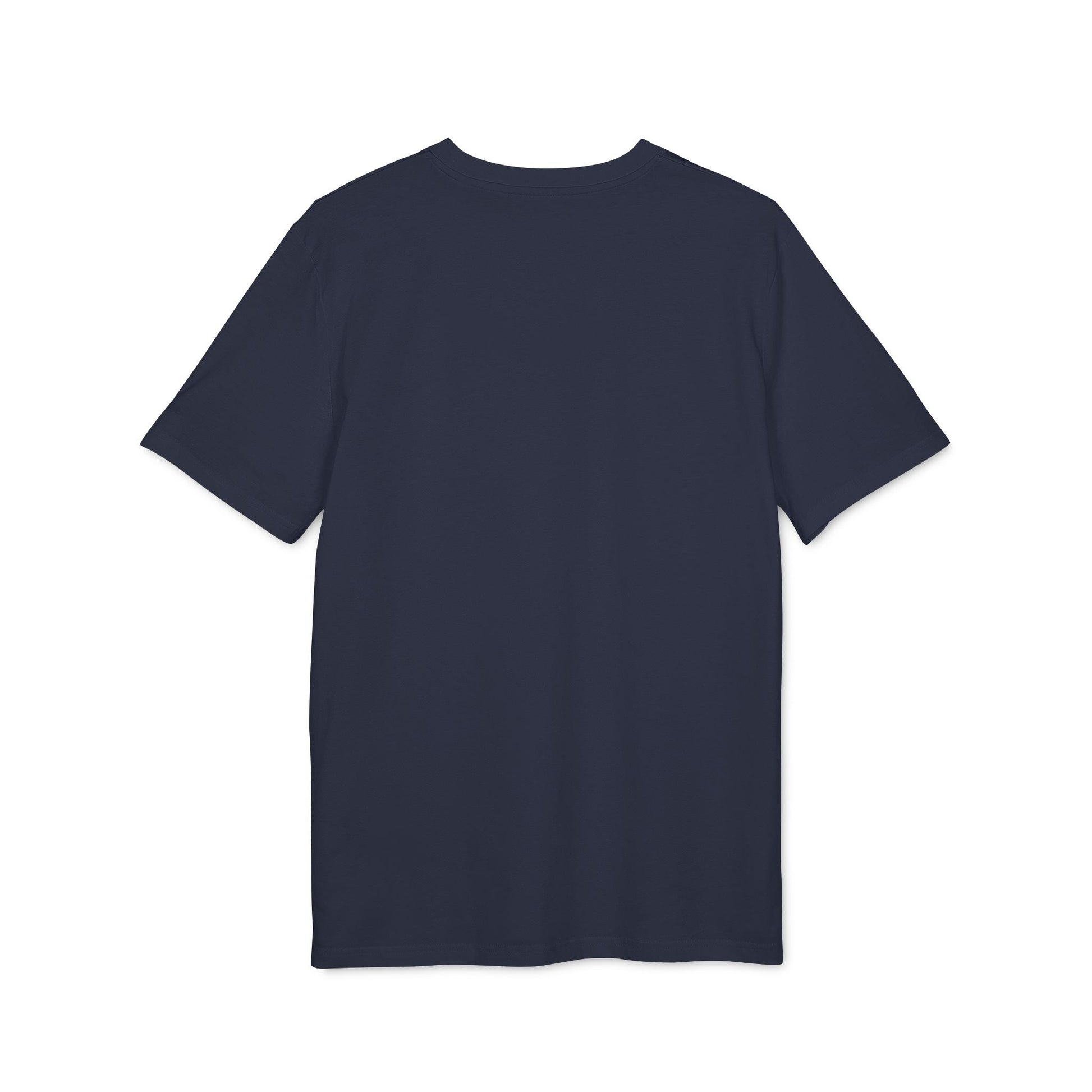 Alt Tag: Inhalar Exhalar Sonreír Sostenible Vivir Lento 100% Organic Cotton T-Shirt camiseta azul marino de manga corta, vista frontal
