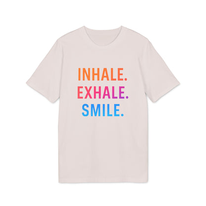 Alt Tag: Inhale Exhale Smile Mindfulness 100% Organic Cotton T-Shirt with INHALE EXHALE SMILE text graphic on front