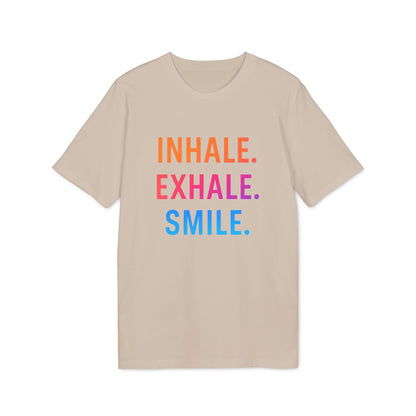 Alt Tag: Inhale Exhale Smile Mindfulness 100% Organic Cotton T-Shirt beige tee with colorful INHALE EXHALE SMILE text graphic