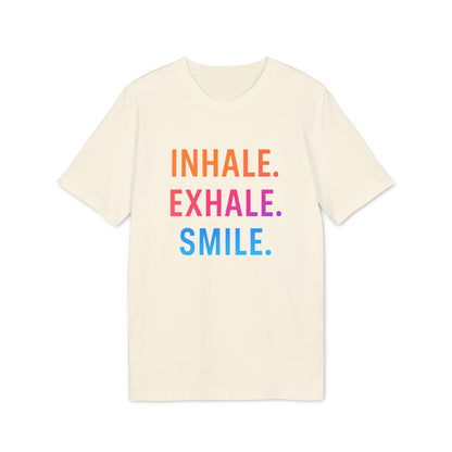 Alt Tag: Inhale Exhale Smile Mindfulness 100% Organic Cotton T-Shirt cream tee with INHALE EXHALE SMILE text in orange, pink, blue