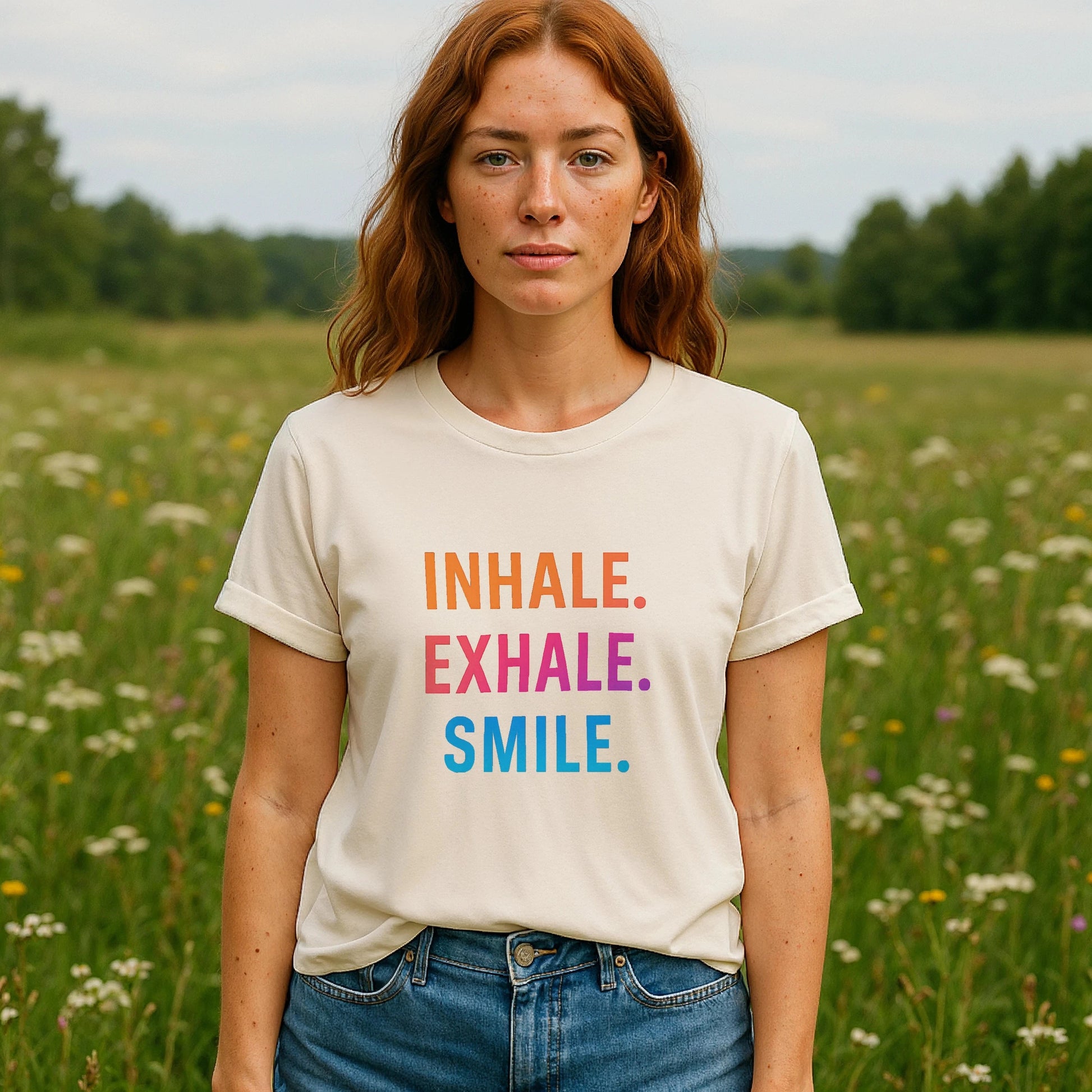 Alt Tag: Inhale Exhale Smile Mindfulness 100% Organic Cotton T-Shirt with INHALE EXHALE SMILE print, worn by model outdoors
