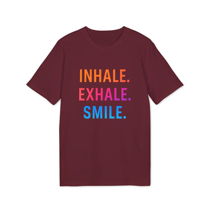 Inhale Exhale Smile Mindfulness 100% Organic Cotton T-Shirt in burgundy with INHALE EXHALE SMILE text graphic